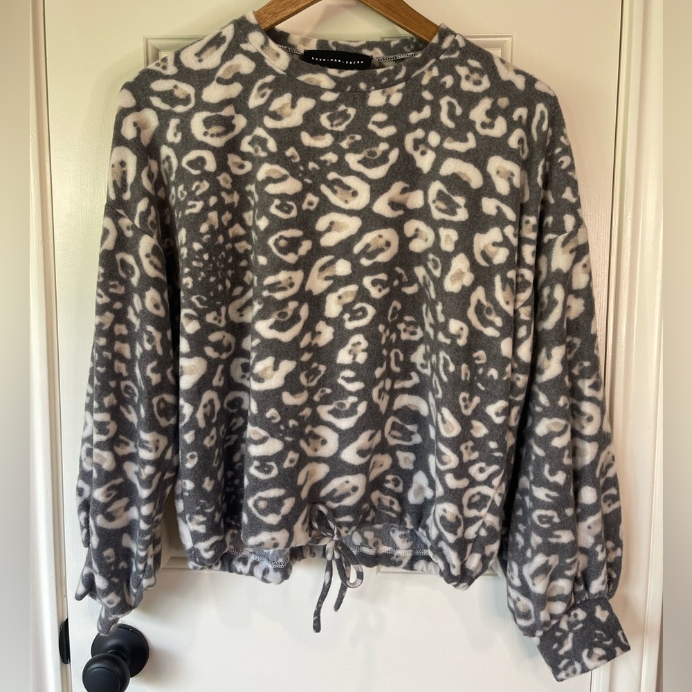Know One Cares Brushed knit leopard print drawstring sweater. Size M. NWOT